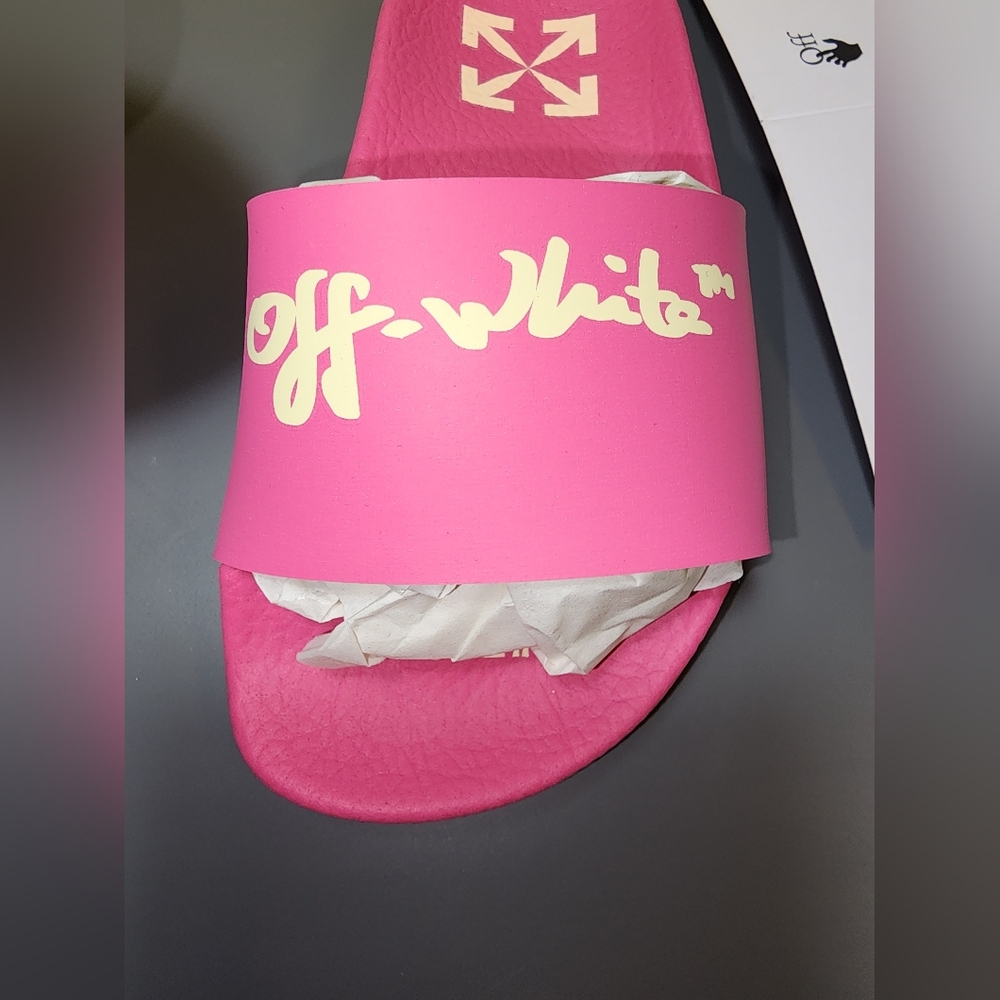 Off-White Kids Pool Slide Fuchsia Yellow Script Logo - Picture 10 of 12